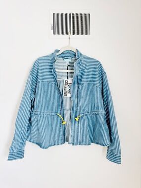 Pinstripe Lightweight Drawstring Jacket in Blue and White Stylish denim jacket